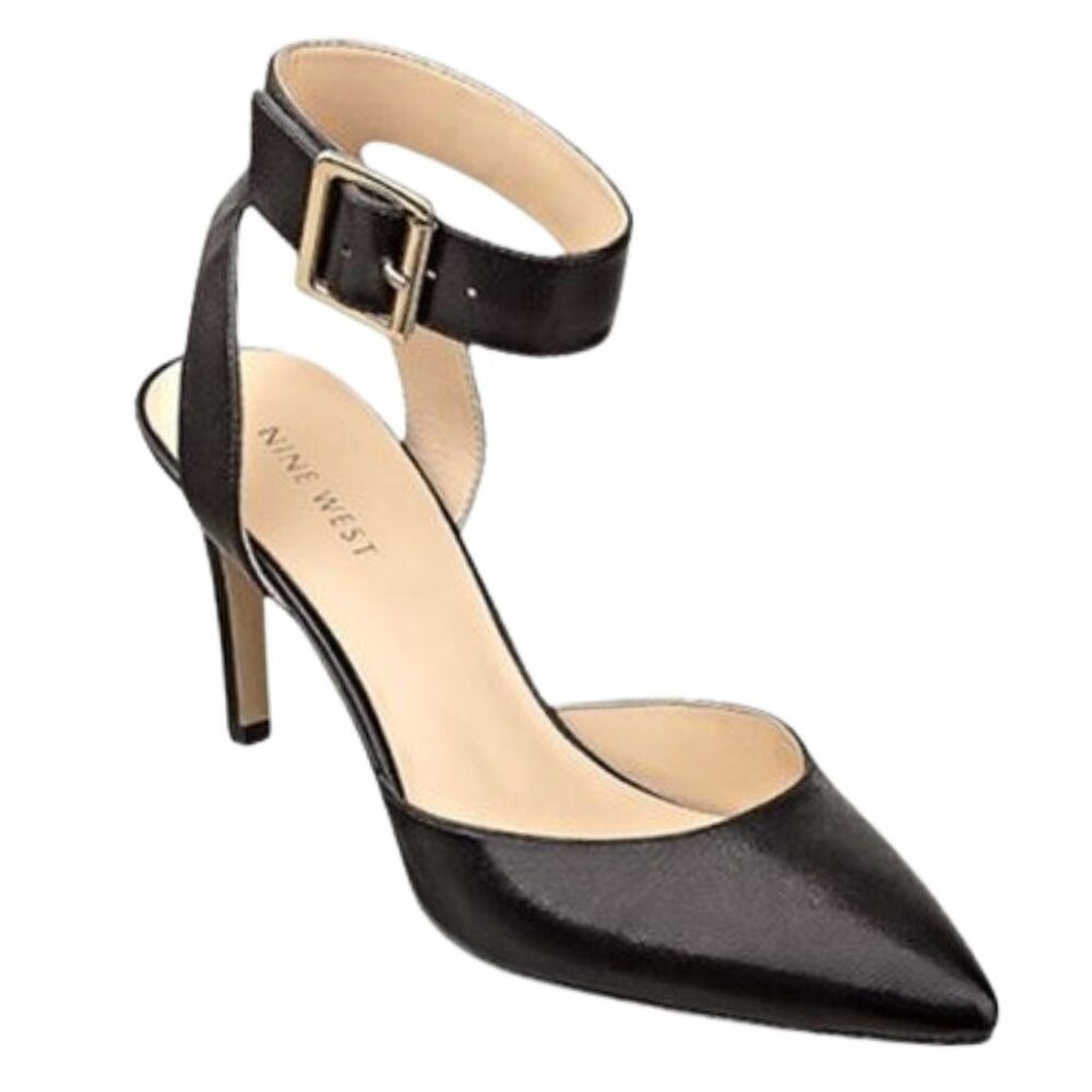 Nine West CALLEN Black Leather Shoes Pointed Toe Wide Ankle Strap w/Buckle Heels